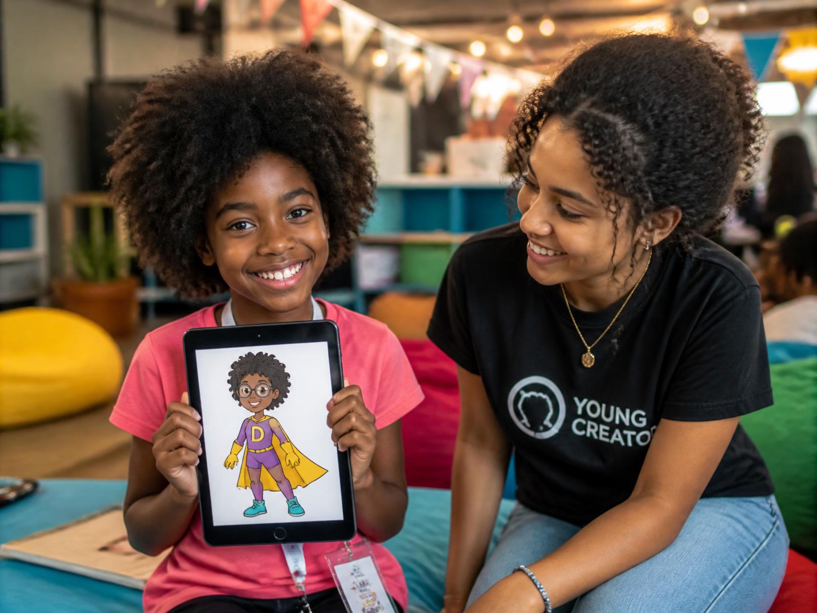A child aged 7 to 11 holding up an iPad showing a cartoon character they created with AI, with a mentor helping at a bright workshop